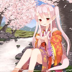  :d cherry_blossoms commentary_request female horns japanese_clothes kidatsu!_dungeons_lord long_hair muku_(muku-coffee) official_art open_mouth petals pink_hair pointy_ears red_eyes river sitting skin-covered_horns smile solo tail 