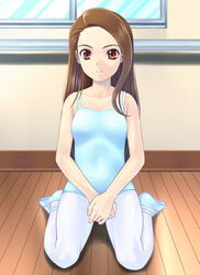  athletic_leotard ballerina ballet ballet_slippers blue_leotard brown_eyes commentary_request female forehead idolmaster idolmaster_(classic) leotard minase_iori muhi11234 pantyhose red_hair sitting solo wariza white_pantyhose 