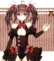  ahoge bad_id bad_pixiv_id banned_artist bare_shoulders blueberry blueberry_hair_ornament bow bowtie breasts bridal_gauntlets brown_hair cleavage dress flower food food_themed_clothes food_themed_hair_ornament food_themed_ornament fork frills fruit gathers hair_ornament hairbow leotard medium_breasts orange_eyes original pink_flower pink_rose pinstripe_pattern raspberry raspberry_hair_ornament rose smile solo strawberry strawberry_hair_ornament striped striped_background tsukiriran tsurime twintails 