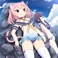  2girls :q animal_ears bell bikini black_eyes black_hair blue_eyes cat_ears cat_tail commentary_request dutch_angle kidatsu!_dungeons_lord long_hair muku_(muku-coffee) multiple_girls official_art one-piece_swimsuit outdoors pink_hair sailor_collar short_hair smile swimsuit tail thighhighs tongue tongue_out two_side_up white_legwear 