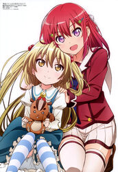  2girls :d absurdres blonde_hair bloomers brown_eyes hair_bobbles hair_ornament hairclip half_updo hands_on_another&#039;s_shoulders highres himeki_chifuyu inou-battle_wa_nichijou-kei_no_naka_de kanzaki_tomoyo long_hair megami_magazine multiple_girls non-web_source official_art open_mouth pink_eyes red_hair school_uniform senkou_high_school_uniform smile star_(symbol) star_hair_ornament striped_clothes striped_thighhighs stuffed_animal stuffed_toy thighhighs two_side_up underwear white_legwear yamaguchi_satoshi zettai_ryouiki 