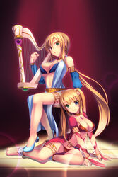  2girls anklet armband barefoot belt bikini blue_eyes bracelet breasts brown_hair center_opening cleavage commentary_request contrast dress earrings green_eyes hand_on_another&#039;s_head harp heterochromia high_heels highres instrument jewelry large_breasts legs long_hair looking_at_viewer luupechi multiple_girls o-ring o-ring_top original parted_lips ponytail red_bikini shoes siblings sisters sitting smile swimsuit thighs twins twintails very_long_hair vest yuki_(luupechi) yuri_(luupechi) 