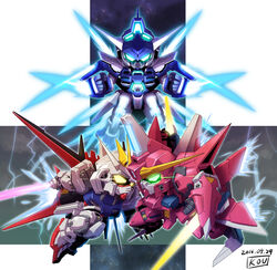  aegis_gundam aile_strike_gundam aqua_eyes chibi commentary_request dated energy_sword fighting fx_burst glowing glowing_eyes gundam gundam_age gundam_age-fx gundam_seed lightning mecha no_humans robot shield signature space strike_gundam sword weapon yabe_makoto 