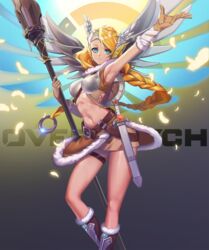  adapted_costume alternate_hairstyle arm_up armor armpits bad_id bad_pixiv_id belt bikini_armor blonde_hair blue_eyes blue_wings boots bracer braid breastplate breasts brown_footwear brown_gloves commentary_request copyright_name cowboy_shot feathers female forehead_protector fur_collar fur_trim glint gloves glowing glowing_wings gradient_background grey_background hair_rings head_wings highres holding holding_staff jewelry leg_lift littleamber logo long_hair md5_mismatch medium_breasts mercy_(overwatch) midriff navel official_alternate_costume outstretched_arm overwatch overwatch_1 parted_lips ring sheath sheathed shield solo spread_wings staff sword thigh_strap valkyrie_mercy weapon wings yellow_background 