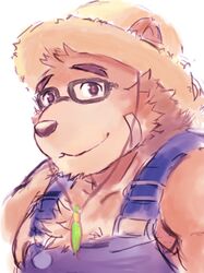  2017 anthro bear brown_body brown_fur clothing episode0006 eyewear fur glasses hat headgear headwear hi_res lifewonders male mammal overalls simple_background slightly_chubby solo straw_hat tokyo_afterschool_summoners volos_(tas) white_background 