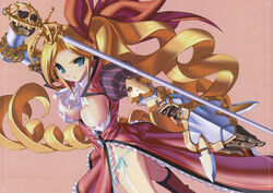  absurdres ahoge arm_up armor blonde_hair blue_eyes blue_panties boots breasts brown_background char_rhousemann cleavage collar covered_nipples cowboy_shot dress drill_hair dutch_angle female frills gloves hair_ribbon highres holding holding_sword holding_weapon itou_ben large_breasts long_hair looking_at_viewer no_bra panties ponytail popped_collar puffy_sleeves rapier ribbon scan shuraki side-tie_panties side_slit simple_background solo standing sword underwear vambraces very_long_hair weapon 