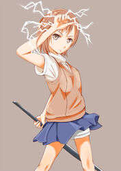  bad_id bad_pixiv_id brown_eyes brown_hair brown_sweater_vest electricity electrokinesis female hair_ornament hairpin highres holding holding_sword holding_weapon kentokai21 magnetism medium_hair metal metal_sand misaka_mikoto no_emblem psychic school_uniform science_fiction short_shorts shorts shorts_under_skirt skirt solo summer_uniform sweater_vest sword toaru_kagaku_no_railgun toaru_majutsu_no_index tokiwadai_school_uniform weapon white_shorts 