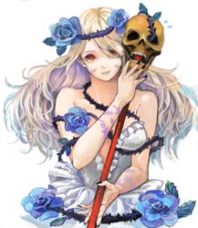  bare_shoulders blonde_hair blue_flower blue_hair blue_lips blue_rose commentary_request dress facial_mark female flower grimgrimoire lipstick long_hair lujei_piche makeup multicolored_hair piriri plant red_eyes rose skull smile solo soul_cradle tattoo vines wand 