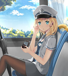  :3 aqua_eyes ashzone_harumichi blonde_hair closed_umbrella cloud commentary_request curtains day earbuds earphones female handheld_game_console hat highres holding jacket light_rays looking_at_viewer open_mouth original pantyhose playstation_vita sailor_hat shirt shoboon short_hair sitting skirt sky solo train_interior tree umbrella window 