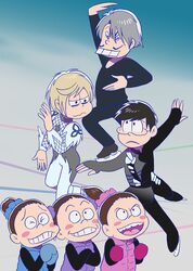  3boys 3girls black_hair blonde_hair blush_stickers brown_hair buck_teeth commentary_request crossed_arms facial_hair figure_skating glasses grey_hair grin hair_bun highres ice_skates katsuki_yuuri mittens moustache multiple_boys multiple_girls nishigoori_axel nishigoori_loop nishigoori_lutz open_mouth osomatsu-san osomatsu_(series) parody ponytail single_hair_bun skates skating smile style_parody tanaka_keiichi teeth viktor_nikiforov wavy_mouth yuri!!!_on_ice yuri_plisetsky 