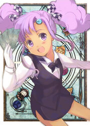  alternate_costume bad_id bad_pixiv_id blue_background border bow brown_border card card_(medium) card_background facial_mark female forehead_mark gem gloves happy holding holding_card long_hair meredy_(tales) miton_(ton321) outside_border purple_eyes purple_hair sidelocks skirt solo tales_of_(series) tales_of_eternia twintails white_gloves 