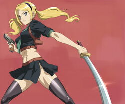  animification baby_doll_(sucker_punch) blonde_hair blue_eyes commentary_request crop_top female gun handgun holster katana makacoon midriff navel shoulder_holster skirt solo sucker_punch sword thighhighs twintails weapon 