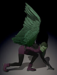  beast_boy_(dc) bodysuit changeling dc_comics feathers full_body garfield_logan gb_(doubleleaf) green_hair green_skin looking_at_viewer male male_focus monster_boy pointy_ears purple_shoes realistic solo superhero teen_titans transformation wings yellow_eyes 