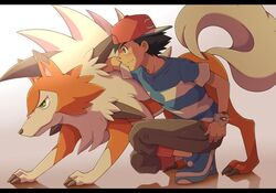  ambiguous_gender black_bars brown_eyes canid canine chane-ko claws clothing duo dusk_lycanroc fur generation_7_pokemon gradient_background green_eyes hat headgear headwear letterbox lycanroc male mammal nintendo orange_body orange_fur pokemon pokemon_(species) pokemon_trainer red_clothing red_hat red_headwear satoshi_(pokemon) simple_background white_background 