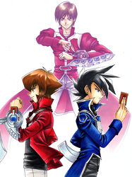  3boys black_hair blue_eyes brown_eyes brown_hair card commentary_request duel_disk glasses hibiki_koyo long_coat long_hair manjoume_jun multicolored_hair multiple_boys school_uniform short_hair smile traditional_media urin_(ususio) yu-gi-oh! yu-gi-oh!_gx yuki_judai 