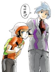  2boys ascot bad_id bad_twitter_id beanie black_hair blue_eyes blue_hair brendan_(pokemon) cowboy_shot formal hat looking_at_another looking_away male_focus multiple_boys pokemon pokemon_oras pokemon_rse simple_background smile steven_stone suit ume-bayashi white_background 