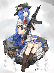  ak-102 assault_rifle blue_eyes blue_hair boots commentary_request female food fruit gloves gun hat highres hinanawi_tenshi kalashnikov_rifle keystone long_hair michael-x peach rifle rope shimenawa sitting smile solo touhou very_long_hair weapon 