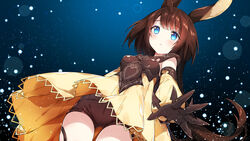  animal_ears armor armored_dress belt black_gloves black_shorts blue_background blue_eyes blush breastplate breasts brown_hair chitetan closed_mouth commentary_request cowboy_shot detached_sleeves dress dutch_angle eyelashes female from_below frown gloves horns light_particles long_hair looking_at_viewer moon_al-mi&#039;raj night night_sky open_hand palms rabbit_ears shadowverse shingeki_no_bahamut shorts single_horn sky small_breasts solo spread_fingers thigh_strap upskirt very_long_hair yellow_dress 