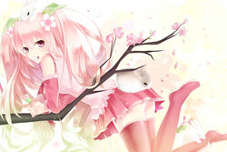  animal animal_on_head boots branch cherry_blossoms commentary_request dango detached_sleeves eating female food hatsune_miku long_hair looking_back mouth_hold on_head pink_eyes pink_footwear pink_hair rabbit sakura_miku skirt solo suzuran_nanaki thigh_boots thighhighs vocaloid wagashi 