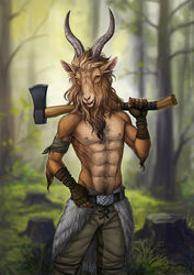  4_fingers anisis anthro armband axe belt bottomwear bovid brown_body brown_fur caprine clothed clothing countershading detailed_background ear_piercing felling_axe fingerless_gloves fingers forest fur futhark gloves goat hand_on_belt handwear holding_object holding_weapon horn humanoid_hands looking_at_viewer lumberjack male mammal melee_weapon nature nipples norse_runes outside pants piercing plant pose runes solo standing topless tree tree_stump weapon weapon_on_shoulder white_body white_countershading yellow_eyes 