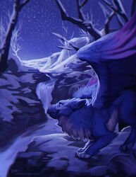  2018 ambiguous_gender avian beak detailed_background digital_media_(artwork) feathered_wings feathers felixgryphon feral gryphon multicolored_body multicolored_feathers mythological_avian mythological_creature mythology night outside paws purple_eyes purple_theme reilukah shaded smile snow solo wings 