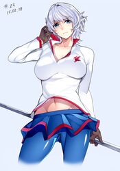  2015 bayloupe black_gloves blue_eyes blue_pantyhose blue_skirt breasts brown_gloves cameltoe closed_mouth commentary_request contrapposto cowboy_shot dated female gloves grey_hair groin hair_flip headgear holding holding_polearm holding_weapon large_breasts light_smile long_sleeves looking_at_viewer mechanical_ears microskirt midriff miniskirt nanao_(mahaya) navel pantyhose pleated_skirt polearm shirt short_hair skirt solo standing steel_glove stomach toaru_majutsu_no_index weapon white_shirt wind wind_lift 