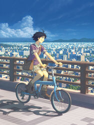  ahoge bad_id bad_pixiv_id bag bicycle black_hair blue_eyes brown_bag city cityscape closed_mouth cloud day female from_side full_body guard_rail highres idolmaster idolmaster_(classic) kikuchi_makoto messenger_bag mountain om_(carbohydratism) outdoors railing scenery shadow short_hair shoulder_bag skirt smile solo 