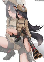  animal_ears antique_firearm backpack bag bike_shorts bike_shorts_under_shorts black_gloves black_hair blunderbuss boots breasts commentary english_commentary female firearm full_body gao_(gaolukchup) gloves gun hair_over_one_eye highres holding holding_gun holding_weapon large_breasts long_hair military military_uniform multiple_barrel_gun one_knee original red_eyes shorts solo tail tan trigger_discipline uniform watermark weapon web_address white_background wolf_ears wolf_tail zoom_layer 