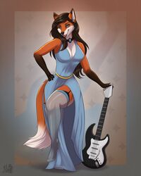  2018 anthro avoid_posting blue_eyes brown_background brown_body brown_fur brown_hair canid canine cassie_the_rock_vixen clothed clothing collar dress female fox fully_clothed fur gloves_(marking) guitar hair hand_on_hip hettie hi_res leg_markings legwear lingerie mammal markings multicolored_body multicolored_fur musical_instrument orange_body orange_fur plantigrade plucked_string_instrument pose simple_background smile socks_(marking) solo standing stockings string_instrument two_tone_body two_tone_fur white_body white_fur 