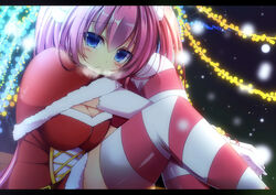  bloodcatblack blue_eyes breasts christmas cleavage long_hair original pink_hair santa_costume thighhighs winter zettai_ryouiki 