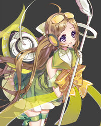  :d ahoge blush bow brown_hair character_request commentary eyewear_on_head female gloves green_sailor_collar green_shirt grey_background headphones headset holding holding_staff leaning_forward long_hair looking_away open_mouth orange-tinted_eyewear parted_bangs pleated_skirt purple_eyes sailor_collar shirt simple_background skirt sleeveless sleeveless_shirt smile solo staff striped striped_bow symbol-only_commentary tinted_eyewear very_long_hair wangzhe_rongyao wataru_kuri white_gloves white_skirt yellow_bow 