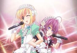  2boys ahoge androgynous blonde_hair boku_no_pico crossdressing curly_hair gloves green_eyes kuro-kun lolicon long_hair lowres maid maid_headdress male male_focus microphone multiple_boys pico purple_eyes purple_hair shounen_maid_kuro-kun singing trap wink wrist_cuffs 