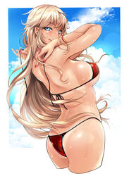  :q ass back bare_shoulders bikini blonde_hair blue_sky blush boots bracelet breasts cloud cloudy_sky commentary_request cropped_legs day eyelashes female fingernails from_side halterneck highres jewelry long_fingernails long_hair looking_at_viewer medium_breasts nail_polish outside_border red_bikini red_nails ribs saegusa_miki sassy-sister_complex! shiny_skin sideways_glance sky solo string_bikini swimsuit tan tanlines tongue tongue_out tying underboob untied_bikini warabino_matsuri wet white_footwear 