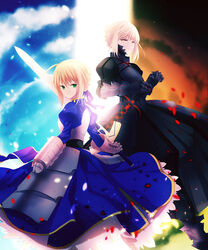  2girls ahoge armor armored_dress artoria_pendragon_(fate) blonde_hair commentary_request dress dual_persona excalibur_(fate/stay_night) excalibur_morgan_(fate) fate/stay_night fate_(series) faulds glowing glowing_sword glowing_weapon green_eyes highres isozi multiple_girls photoshop_(medium) saber_(fate) saber_alter sky weapon yellow_eyes 