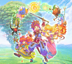  1boy 1other androgynous armor baggy_pants bare_shoulders bird blonde_hair boots colorful crane_(animal) dryad_(seiken_densetsu) everyone facial_mark feather_hair_ornament feathers female giant_tree gnome_(seiken_densetsu) haccan hair_ornament headband jinn_(seiken_densetsu) long_hair luna_(seiken_densetsu) mana_tree official_art pants photoshop_(medium) pointy_ears popoi_(seiken_densetsu_2) primm_(seiken_densetsu_2) randi_(seiken_densetsu_2) red_hair salamander_(seiken_densetsu) seiken_densetsu seiken_densetsu_2 shade_(seiken_densetsu) spiked_hair staff strapless sword tree tunic undine_(seiken_densetsu) vambraces weapon will-o&#039;-wisp_(seiken_densetsu) 