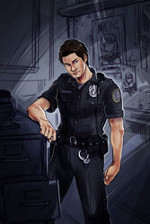  1boy ashley_graham brown_hair cameo commentary_request deltastic male_focus photoshop_(medium) police police_uniform poster_(object) resident_evil resident_evil_4 sebastian_castellanos solo the_evil_within uniform 