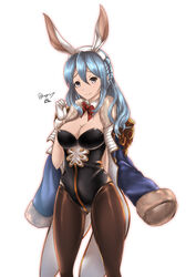  animal_ears black_pantyhose blue_eyes blue_hair blush braid breasts cleavage coat commentary_request detached_collar fake_animal_ears female gloves granblue_fantasy highres jacket jacket_on_shoulders kuga_zankurou large_breasts leotard long_hair looking_at_viewer pantyhose playboy_bunny rabbit_ears solo therese_(granblue_fantasy) twitter_username white_gloves 