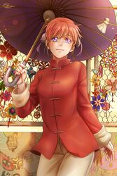  blue_eyes bun_cover chinese_clothes commentary_request double_bun female gintama hair_bun hakuno_shigeru kagura_(gintama) looking_at_viewer oil-paper_umbrella purple_umbrella solo teruterubouzu umbrella 