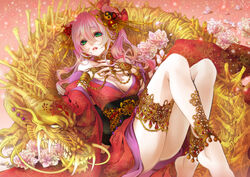  anklet bad_id bad_pixiv_id barefoot bracelet dragon female flower green_eyes hair_ornament japanese_clothes jewelry kimono legs lips long_hair original peony_(flower) photoshop_(medium) pink_hair red_kimono solo yuzu_5101 