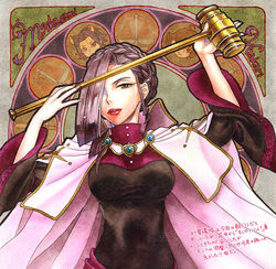  2boys ace_attorney_investigations ace_attorney_investigations_2 ahoge aizawa_shimon arms_up art_nouveau balance_scale black_dress black_eyes braid breasts brown_eyes brown_hair cape character_name chibi color_ink_(medium) commentary_request dress eyelashes fake_horns female fingernails flipped_hair frown gavel gyakuten_saiban hair_bun hair_intakes hair_over_one_eye hammer holding holding_hammer horns ichiyanagi_yumihiko impossible_clothes impossible_dress kayu large_breasts lips lipstick long_fingernails long_sleeves makeup marker_(medium) mikagami_hakari mother_and_son multiple_boys nail_polish parted_lips sash single_hair_bun smile traditional_media weighing_scale wide_sleeves 