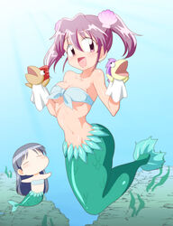  2girls :d asou_natsumi bad_id bad_pixiv_id bandeau breasts chibi crossover front-tie_top hand_puppet hii-chan ichigaso_(muhyou_joudai) kajiwara_sora large_breasts mermaid midriff monster_girl multiple_girls namiuchigiwa_no_muromi-san open_mouth pink_eyes pink_hair puppet scales seashell shell sketchbook_full_colors skindentation smile twintails 