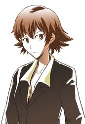  baccano! brown_eyes brown_hair commentary_request ennis female formal ikari_don looking_back short_hair solo suit 