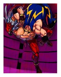  2boys boots company_connection crossover fat fat_man fatal_fury garou:_mark_of_the_wolves griffon_mask highres hiroaki_(kof) male_focus mask multiple_boys muscular official_art raiden_(snk) snk spandex the_king_of_fighters upside-down wrestling wrestling_outfit wrestling_ring 