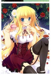  :p absurdres black_thighhighs blonde_hair breasts cleavage female flower food girl&#039;s_avenue green_eyes hair_flower hair_ornament highres imageboard_desourced legs long_hair medium_breasts megami_magazine narumi_yuu_(bunbukudou) non-web_source solo thighhighs tongue tongue_out very_long_hair zettai_ryouiki 