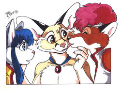  2003 absurd_res accessory bassariscus black_nose blue_body blue_eyes blue_fur blue_hair cacomistle canid canine chester_ringtail_magreer claws closed_eyes clothed clothing female fox fur gem hair headband hi_res licking long_hair male mammal open_mouth pink_hair pink_nose procyonid red_body red_fur simple_background teeth terrie_smith tongue tongue_out traditional_media_(artwork) white_background white_body white_fur 