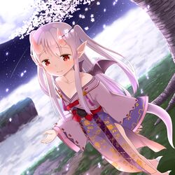  cherry_blossoms commentary_request dragon_tail dragon_wings dutch_angle female horns japanese_clothes kidatsu!_dungeons_lord long_hair looking_at_viewer muku_(muku-coffee) official_art petals red_eyes skin-covered_horns smile solo tail two_side_up white_hair wings 