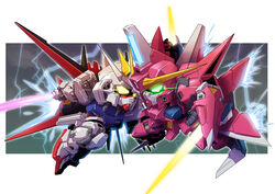  aegis_gundam aile_strike_gundam battle chibi commentary_request duel energy_sword glowing glowing_eyes gundam gundam_seed lightning mecha no_humans robot shield strike_gundam sword weapon yabe_makoto 