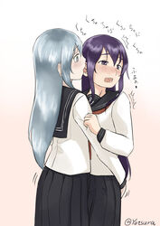  2girls akatsuki_(kancolle) bad_id bad_pixiv_id eargasm grey_hair hibiki_(kancolle) hug kantai_collection licking licking_ear long_hair multiple_girls school_uniform serafuku skirt translation_request uncommon_stimulation yotsura yuri 