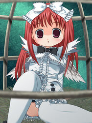  bow cage deathsmiles female frills hairbow kanna_hisashi red_hair solo thighhighs windia_(deathsmiles) wings 