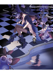  bad_id bad_pixiv_id black_shorts blueberry blueberry_blossoms boots brown_eyes brown_hair cape checkered_floor commentary_request drill_hair female flower food fruit hat head_rest lololo long_hair original paper perspective shorts sitting solo water witch witch_hat 